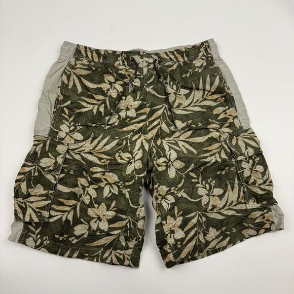 Eddie Bauer Green Floral Swim Trunks Cargo Pockets Drawstring Mesh Lined Sz M - Picture 2 of 10